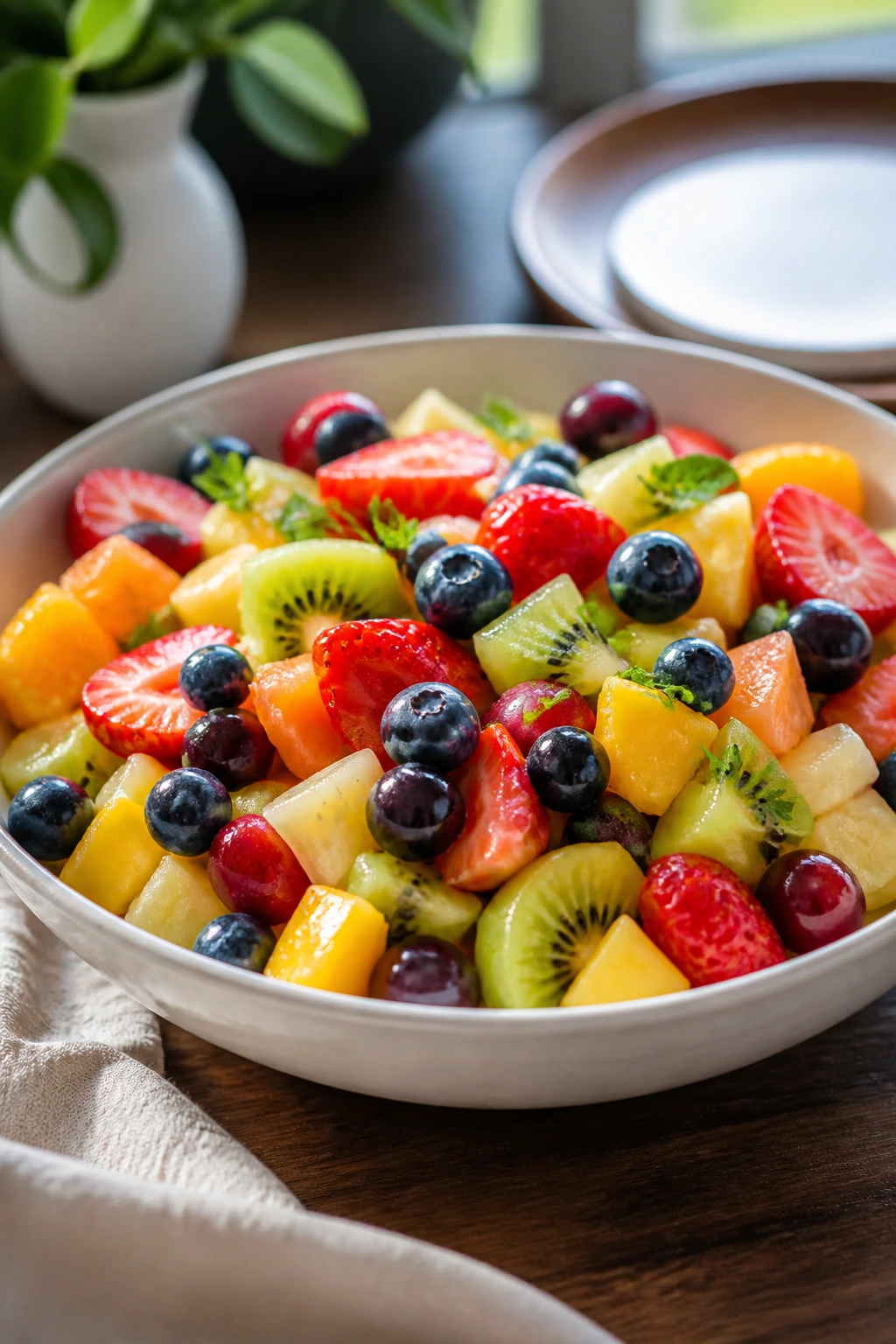Shallow bowl of colorful fruit salad ready to serve.