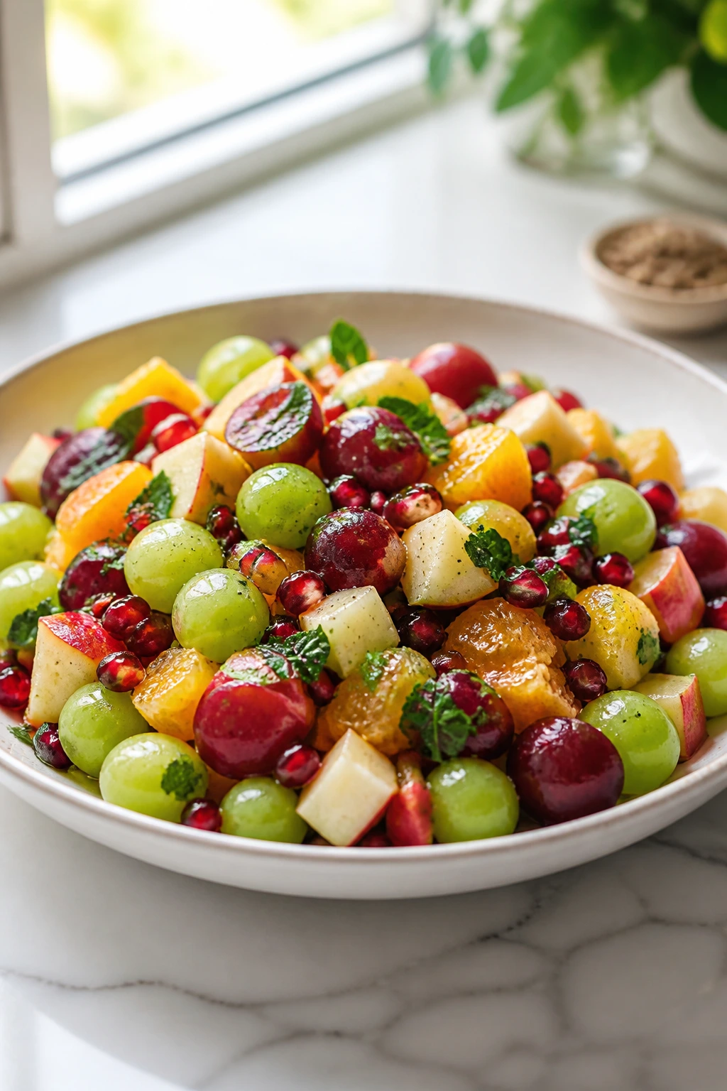 Finished fruit salad in a wide shallow bowl with mint on a bright table
