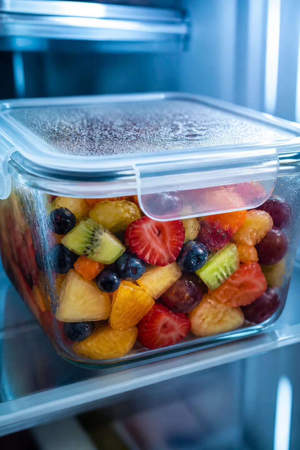 Fruit salad in clear storage container in refrigerator