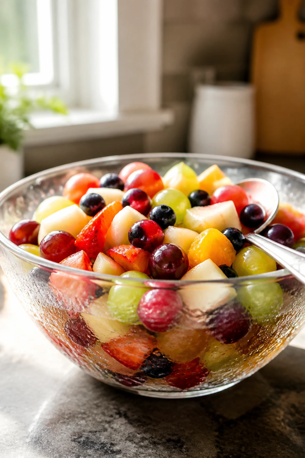 Chilled fruit salad bowl with a spoon on the rim in a bright kitchen
