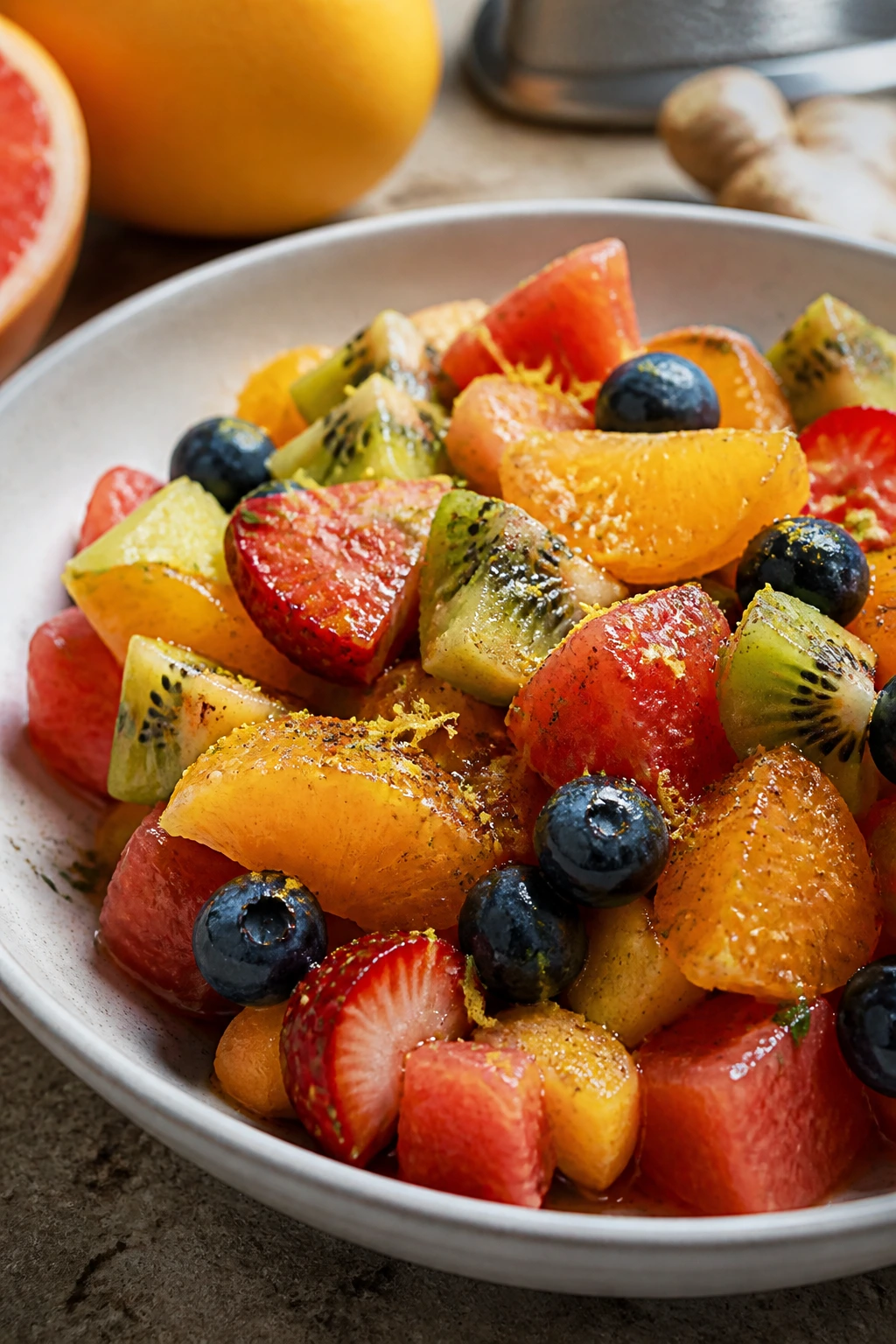 Fruit salad close-up with zest and spice accents on surface
