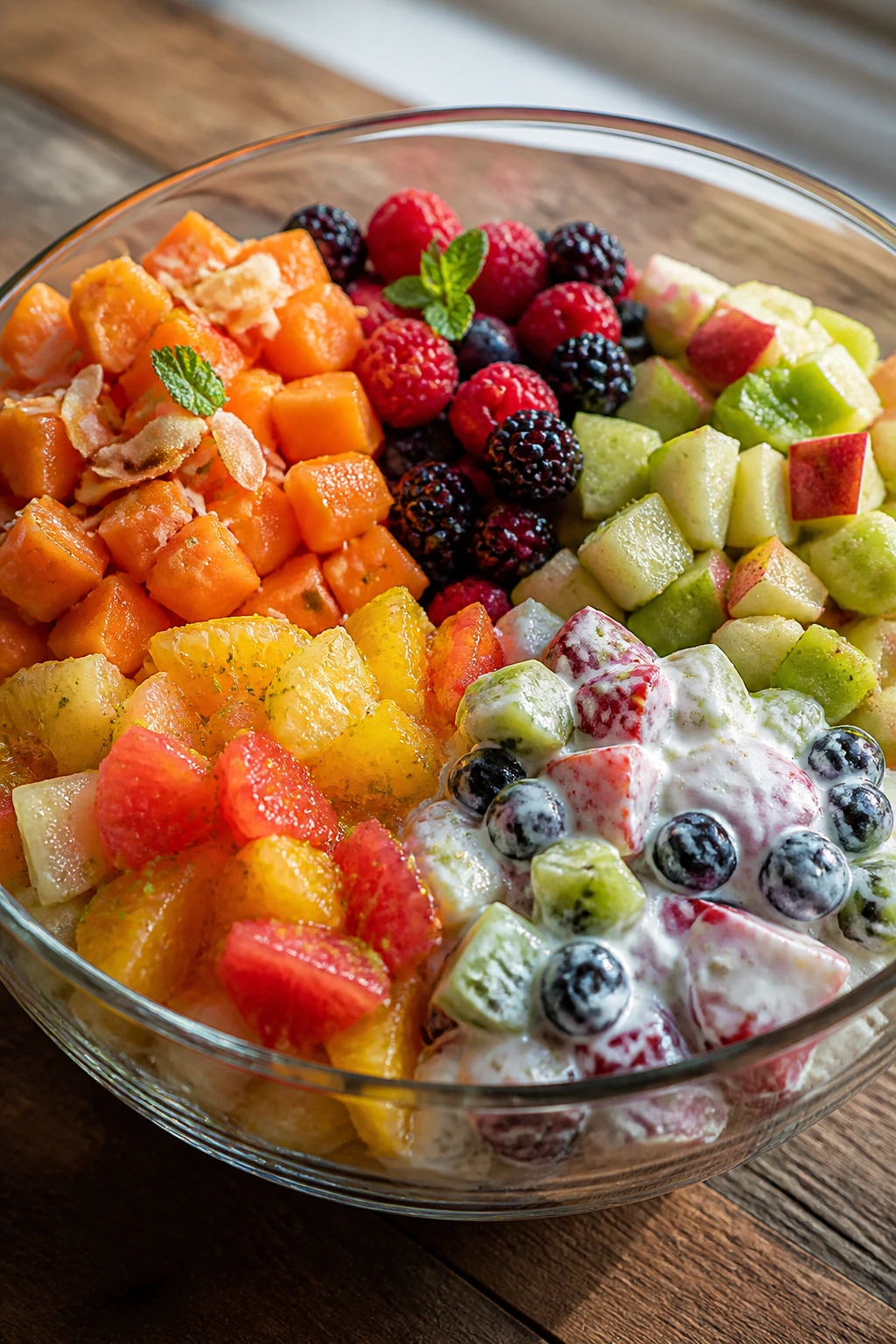 Close-up of a large bowl with five color zones of fruit on a wooden table, representing variations