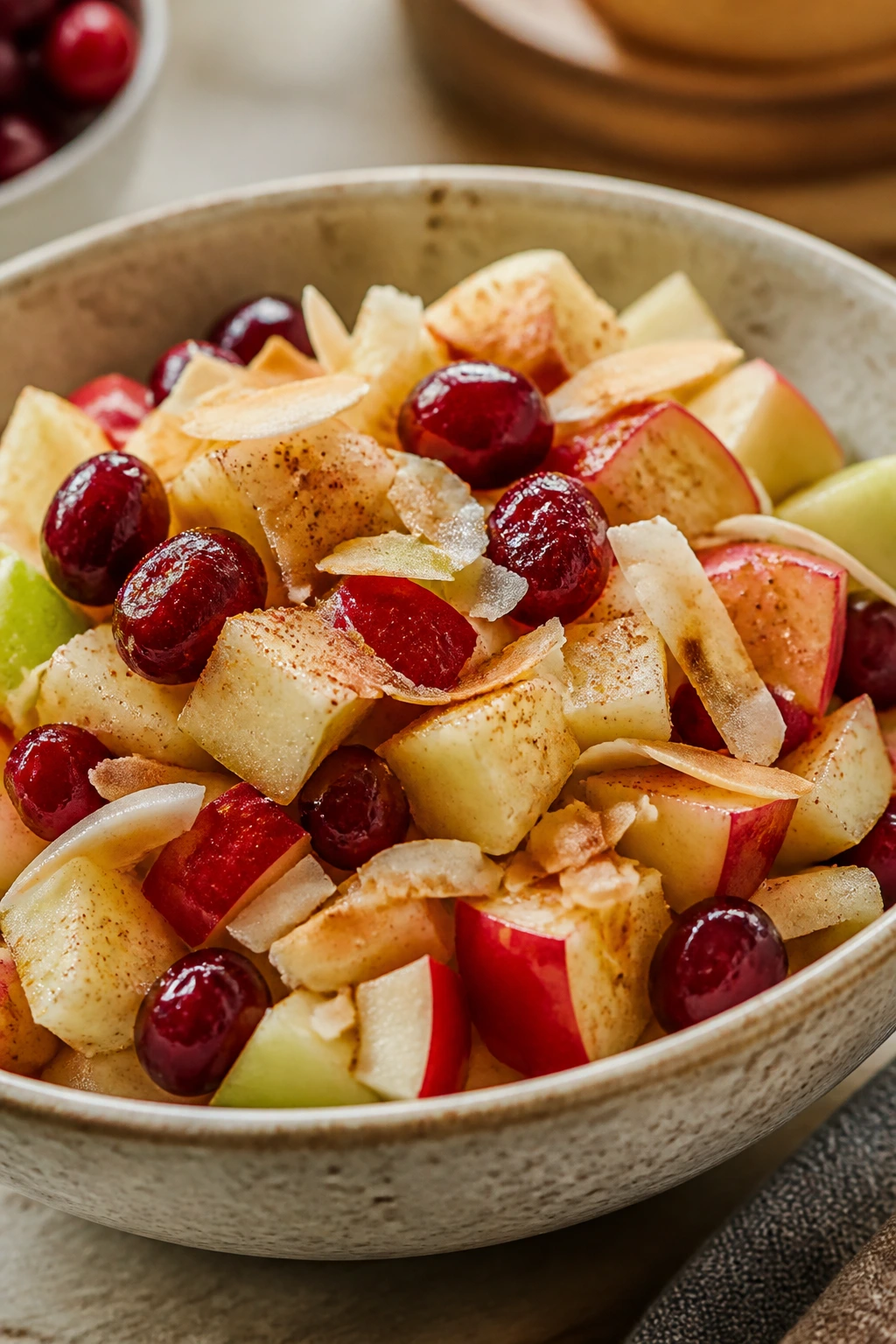 Fruit salad with cranberries coconut and cinnamon dust