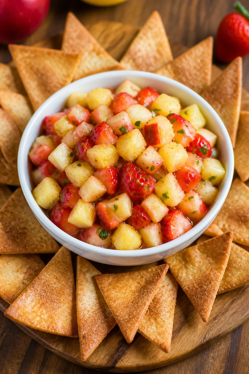 Vibrant fruit salsa with cinnamon chips on a wooden counter.