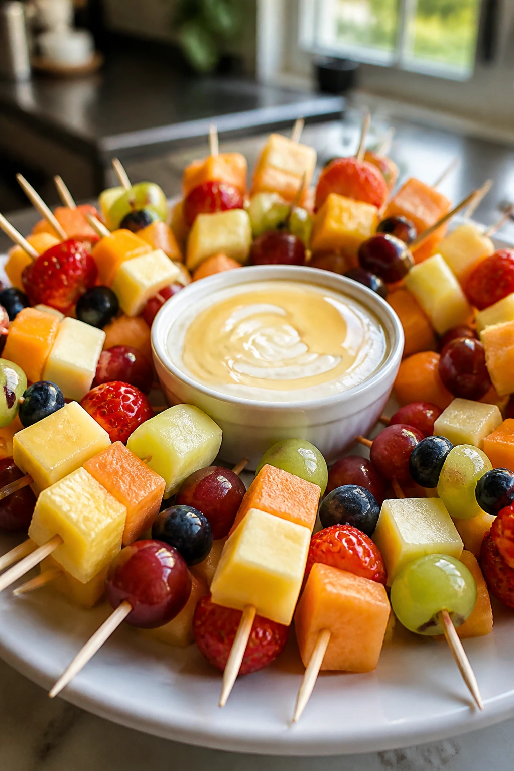 Close-up of fruit and cheese skewers with honey dip on a bright platter