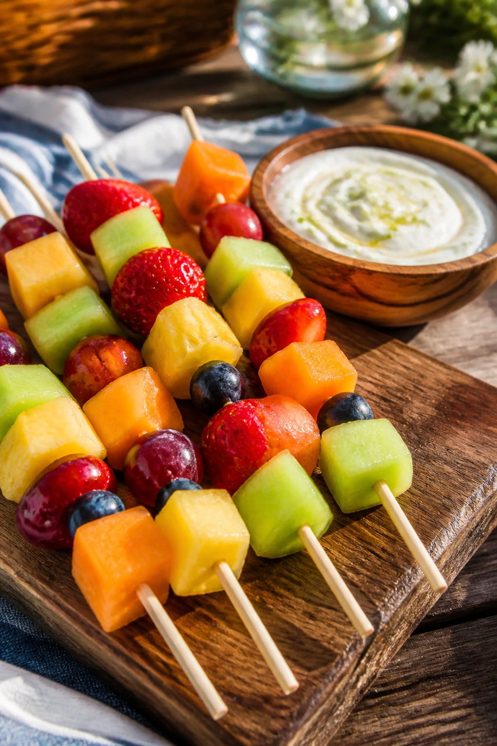 Close-up of fruit skewers with honey-lime yogurt dip on a wooden board for a picnic.