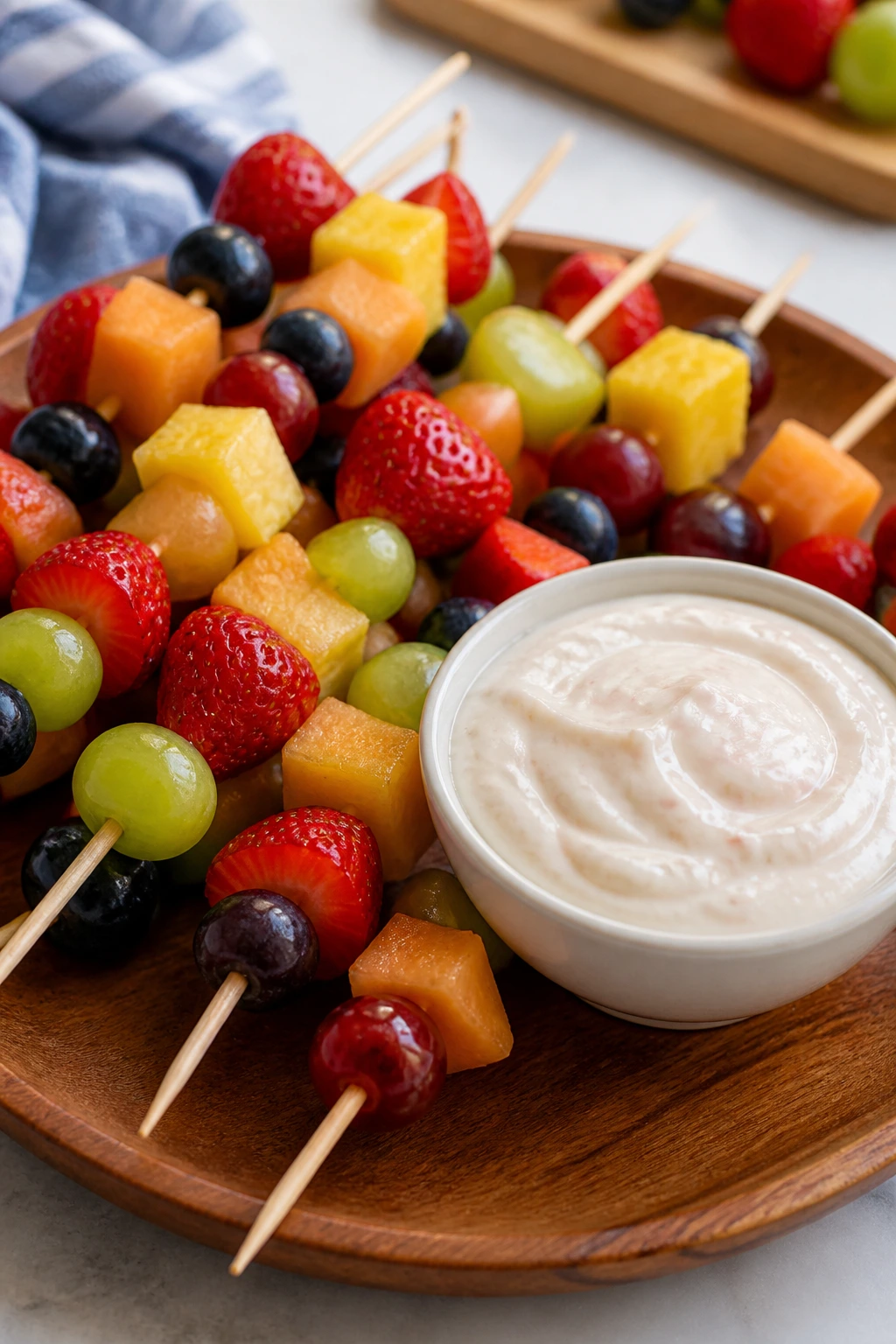 Fruit skewers with yogurt dip on a wooden platter