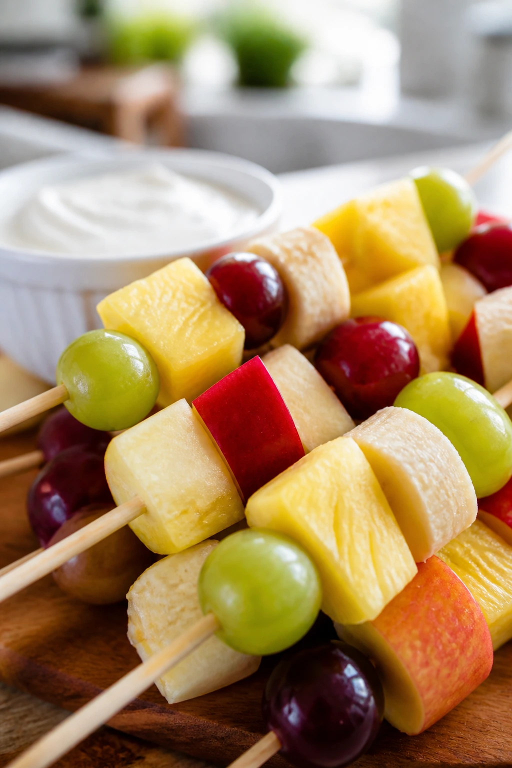 Vibrant fruit skewer with yogurt dip in a bright kitchen setting