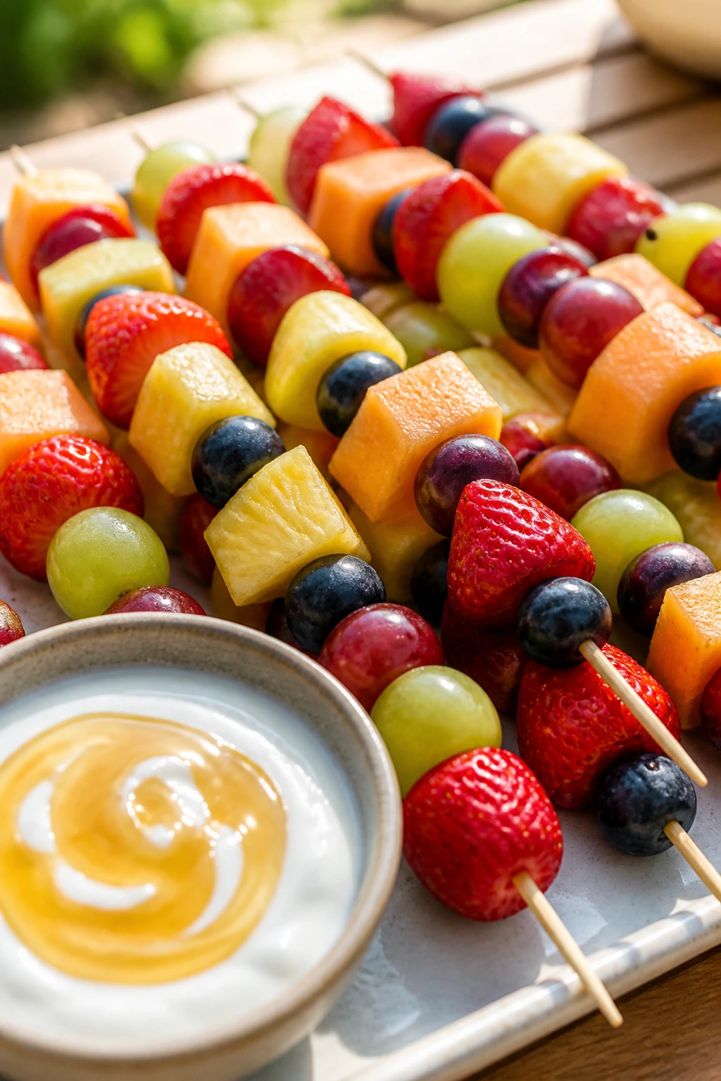 Close-up of colorful fruit skewers with yogurt dip