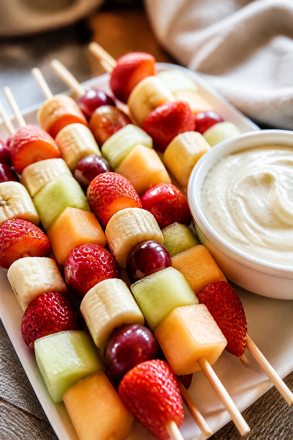 Colorful fruit skewers with vanilla yogurt dip