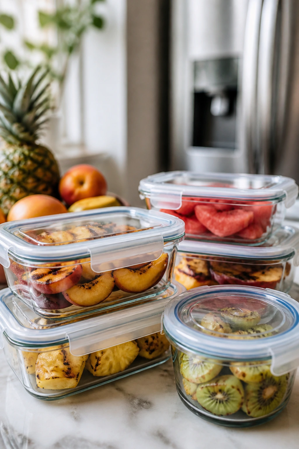 Glass containers with cut fruit on a kitchen counter