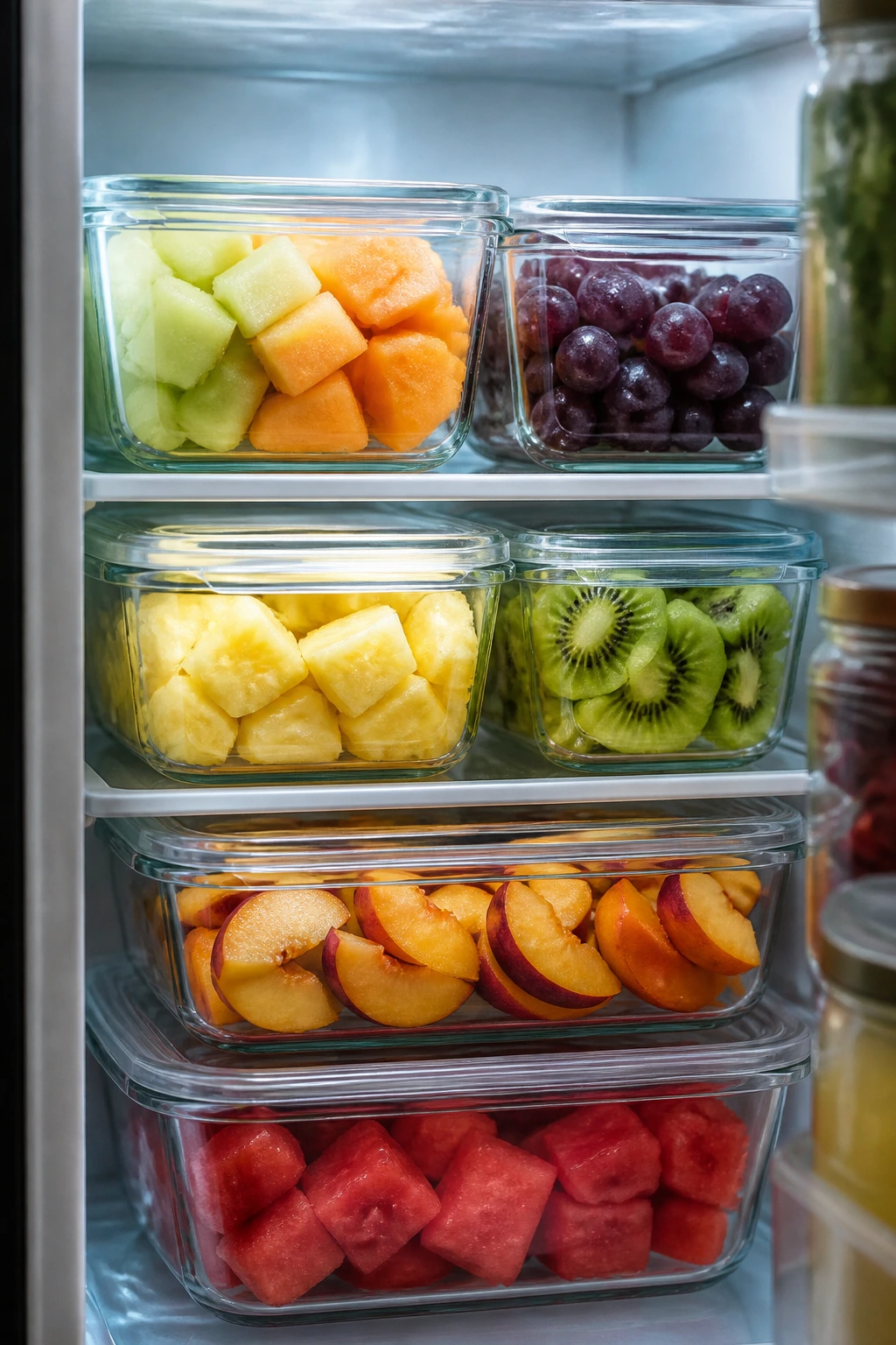 Glass containers with cut fruit stored in a refrigerator