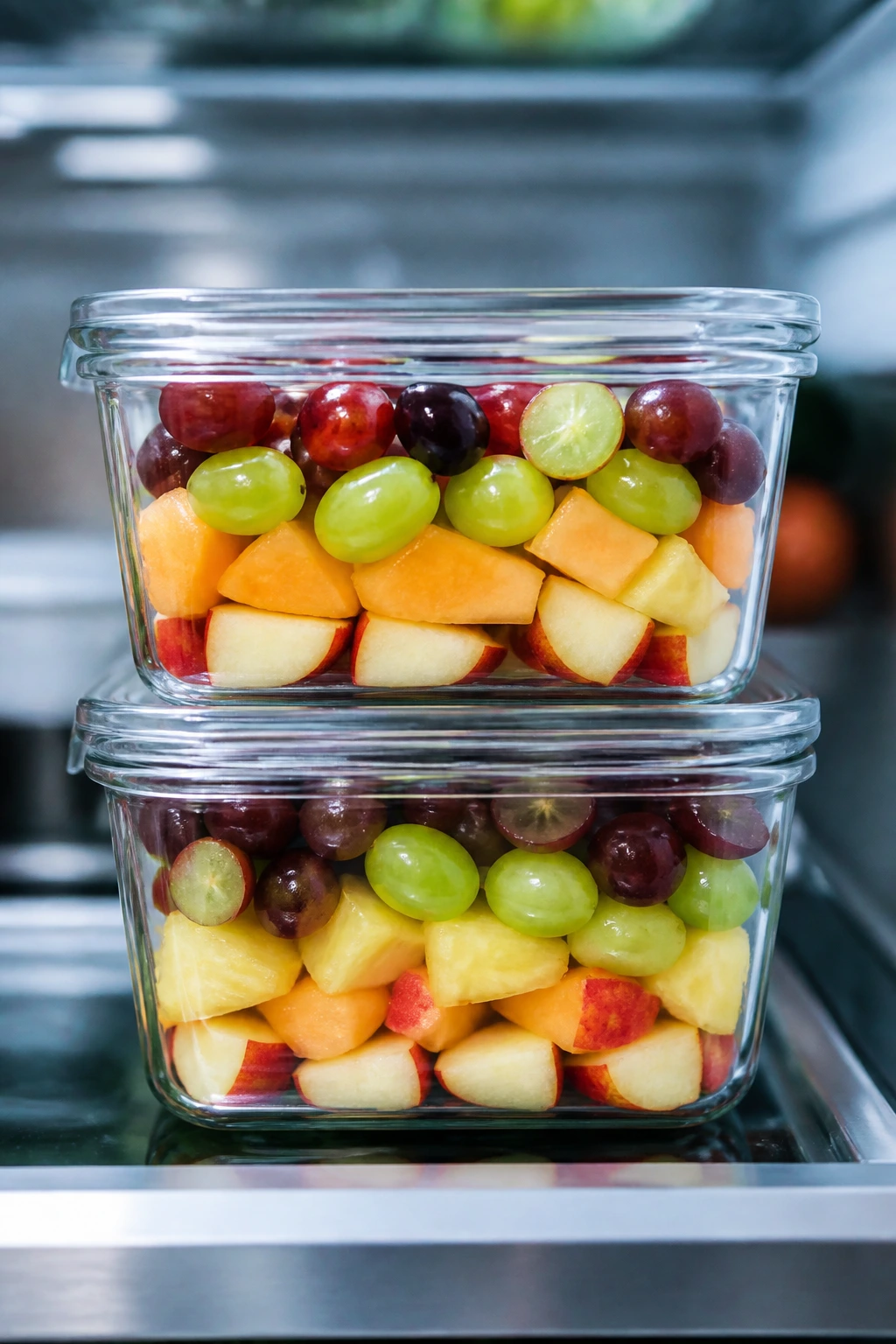 Close-up of refrigerated fruit in glass containers showing make-ahead prep and leftovers