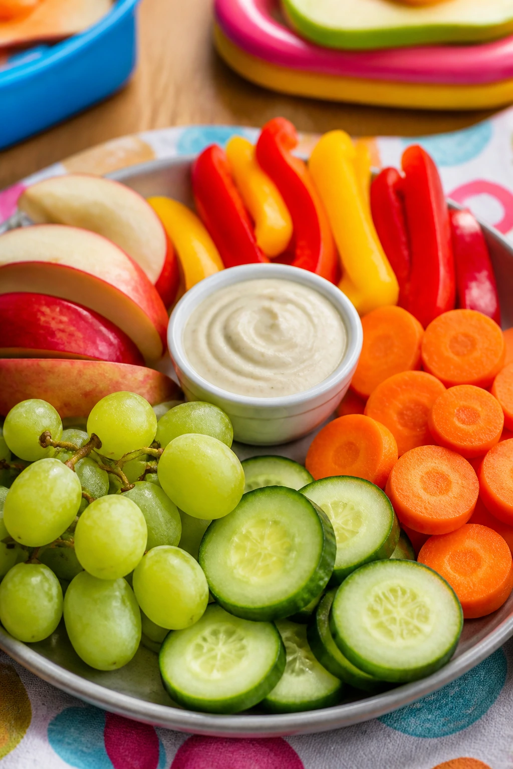 Colorful plate of sliced fruit and veggies with dip cups ready to dip