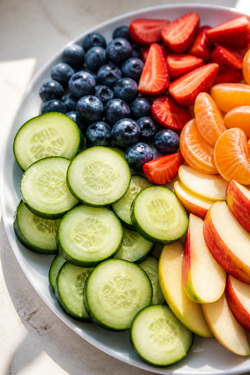 Top-down close-up of cucumber coins and bite-size fruit pieces on a plate
