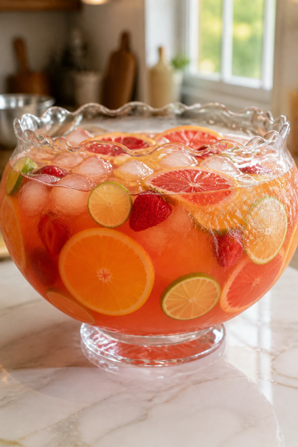 Close-up of punch bowl with bright fruit cocktail on kitchen island