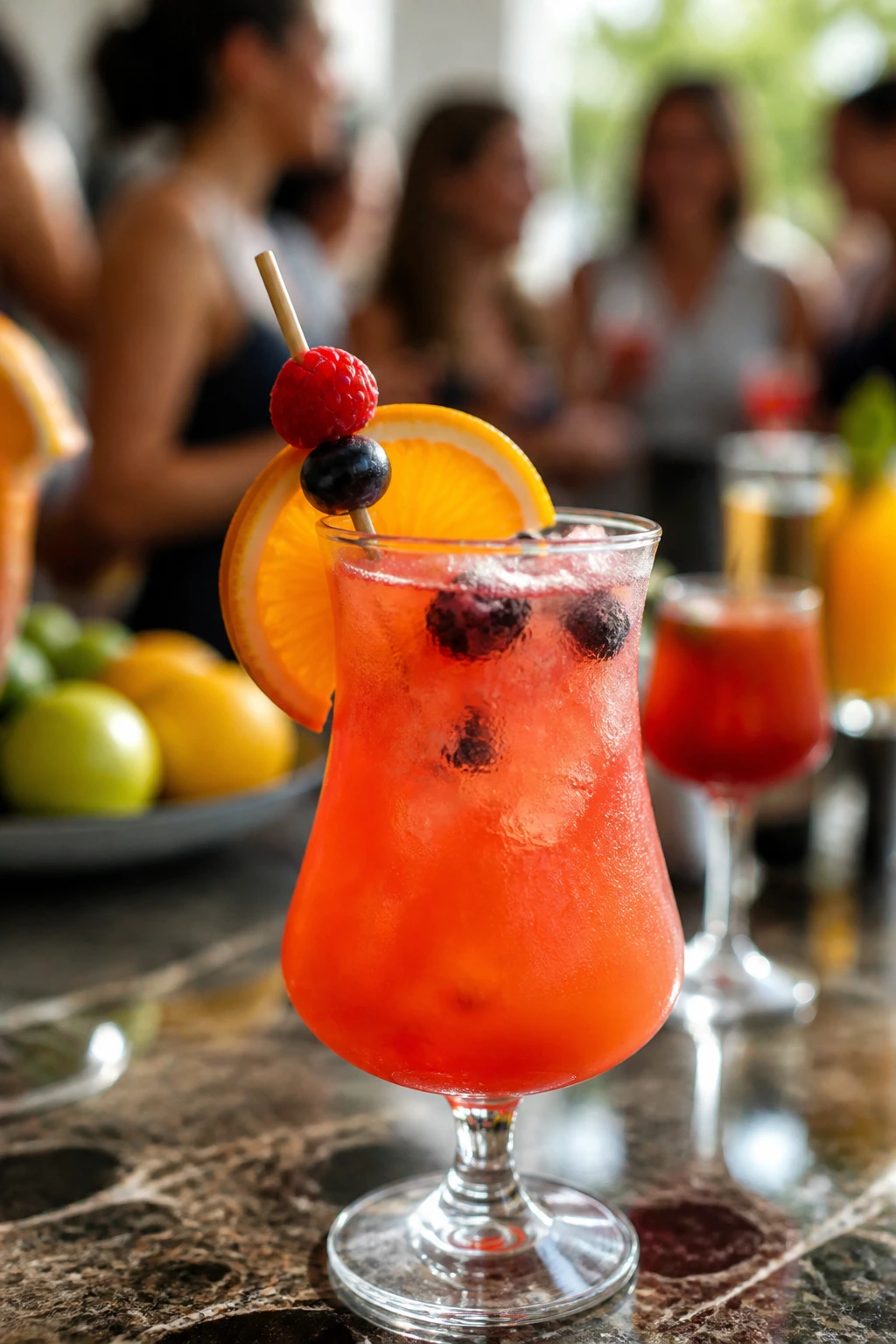 Close-up of a bright fruity cocktail in a glass with citrus wheel and berry garnish on a bar, party lights in the background