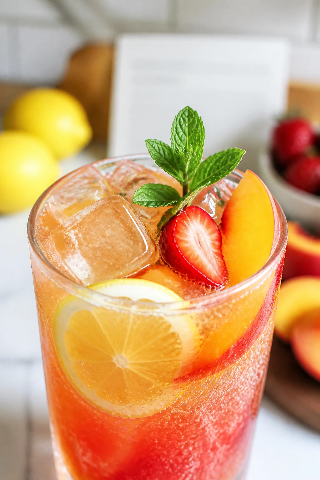 Close-up of a fruity lemonade cocktail with fruit garnishes in a bright kitchen setting