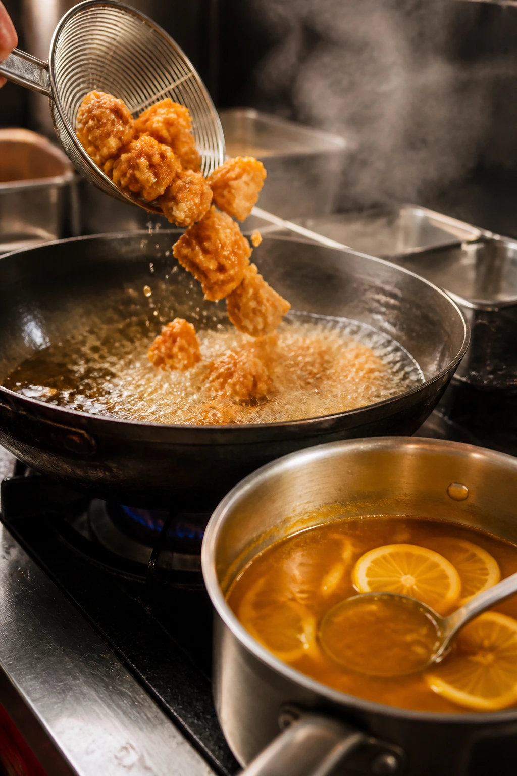 Battered chicken frying with lemon sauce nearby