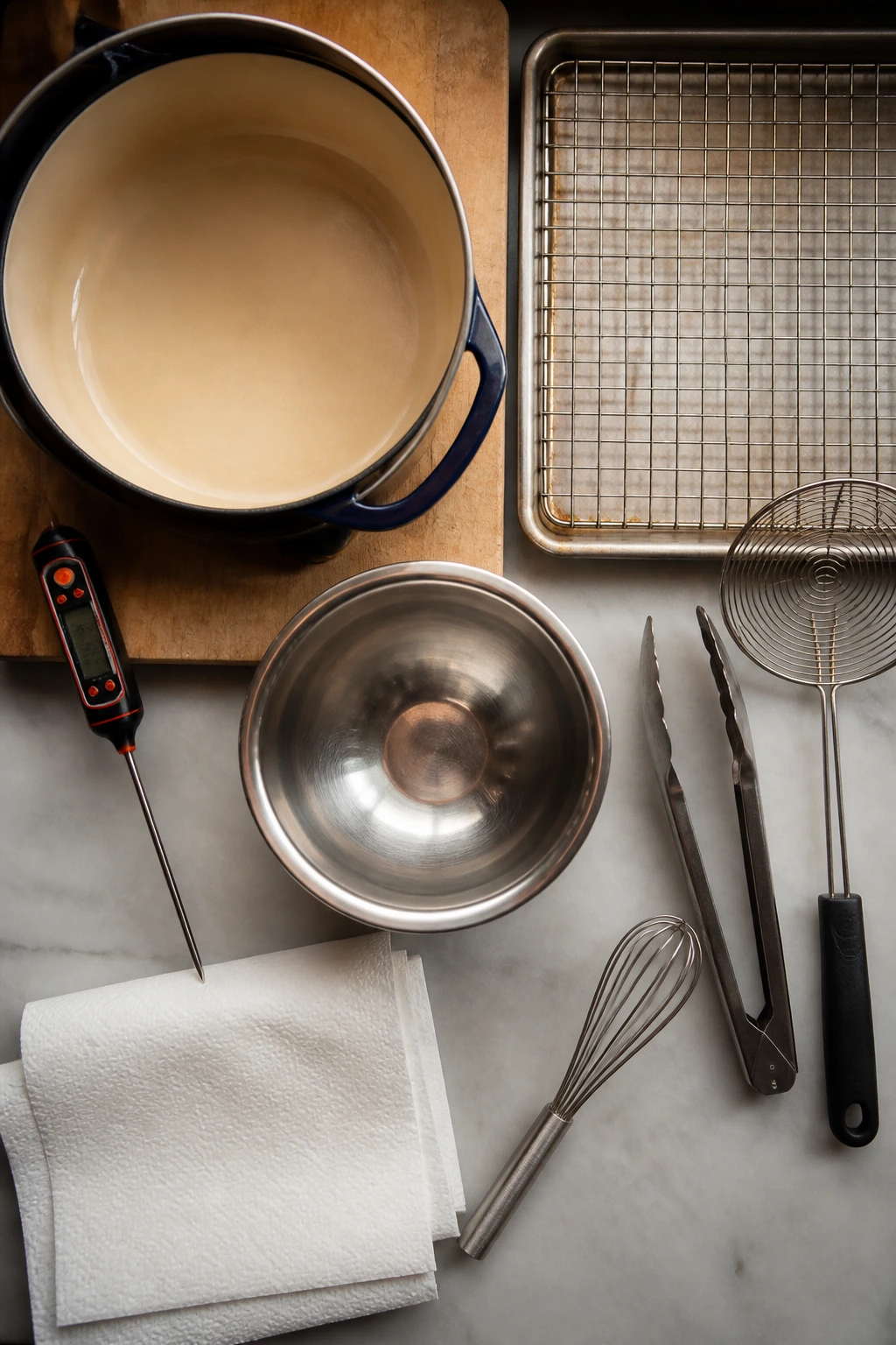 Essential frying tools arranged on a counter