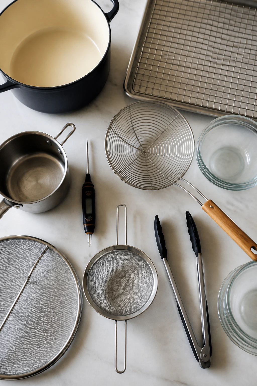 Selection of frying tools on a kitchen counter