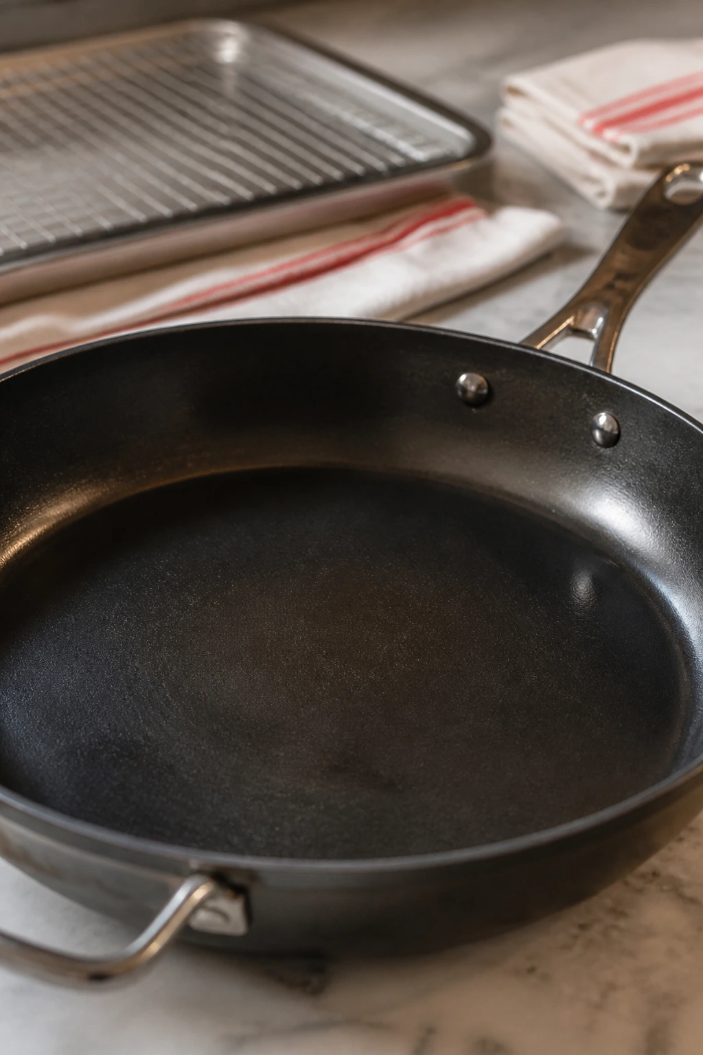 Dominant skillet with background frying tools blurred