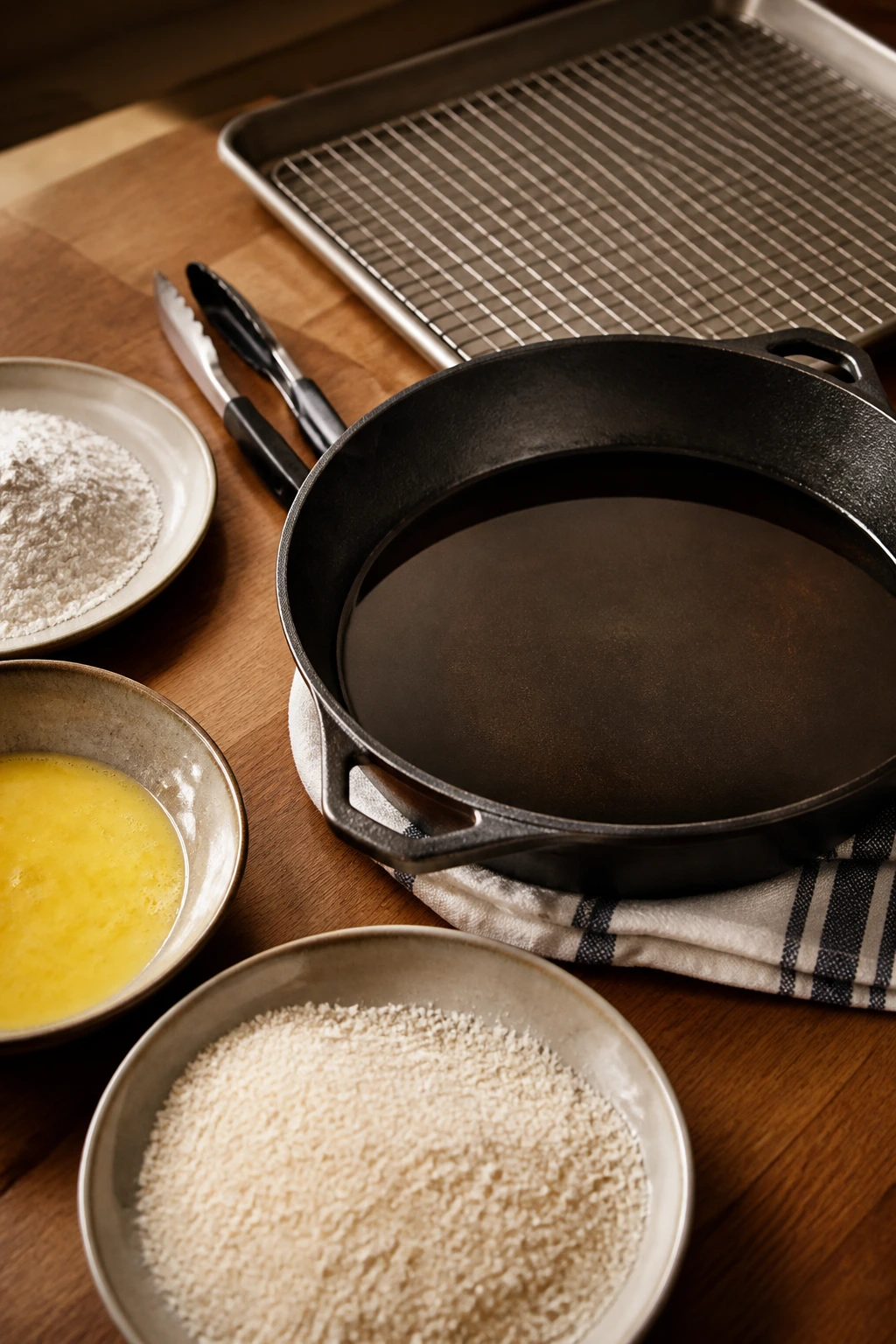 Still life of frying tools including a skillet, rack, and tongs on a kitchen counter.