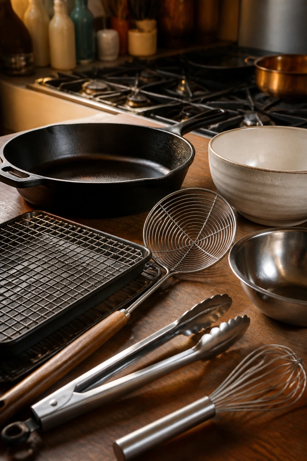 Frying tools arranged on a kitchen counter including skillet, spider skimmer, tongs, rack, whisk, and bowls