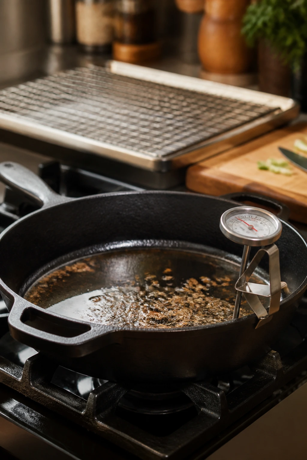 Close-up of skillet with thermometer ready for frying in a warm kitchen