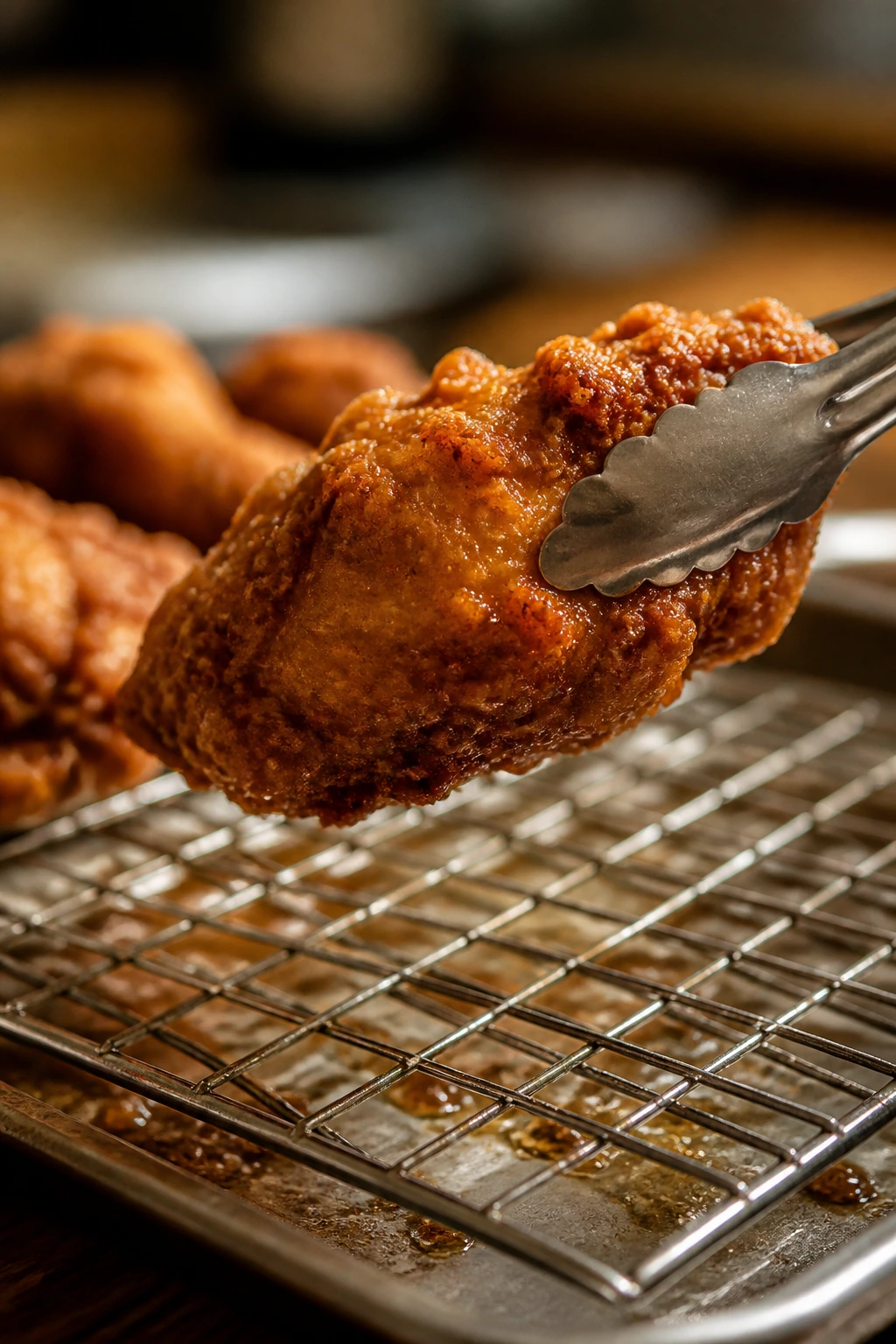 Tongs gripping crispy chicken over a wire rack in a warm kitchen