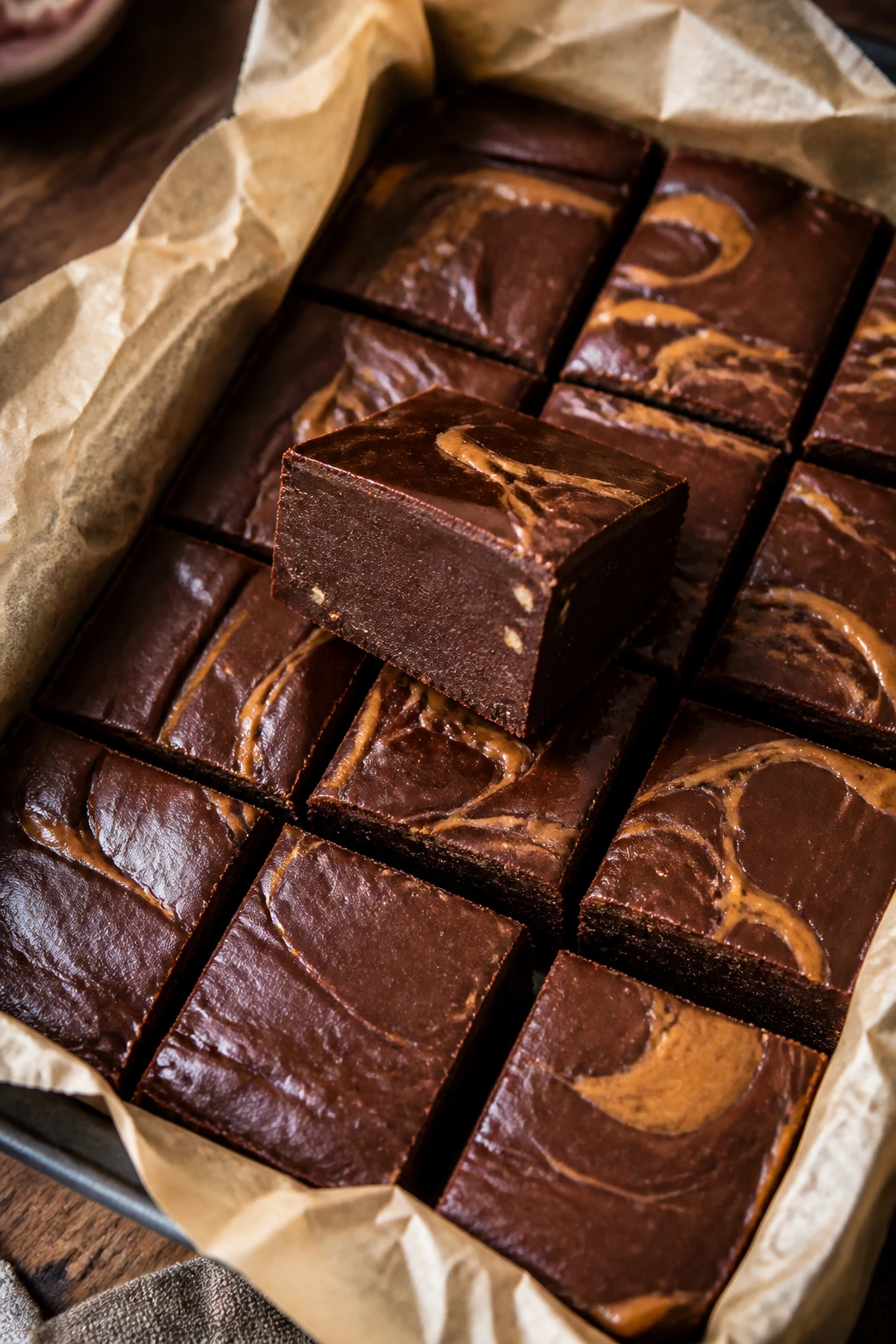 Dark chocolate almond butter fudge squares on parchment