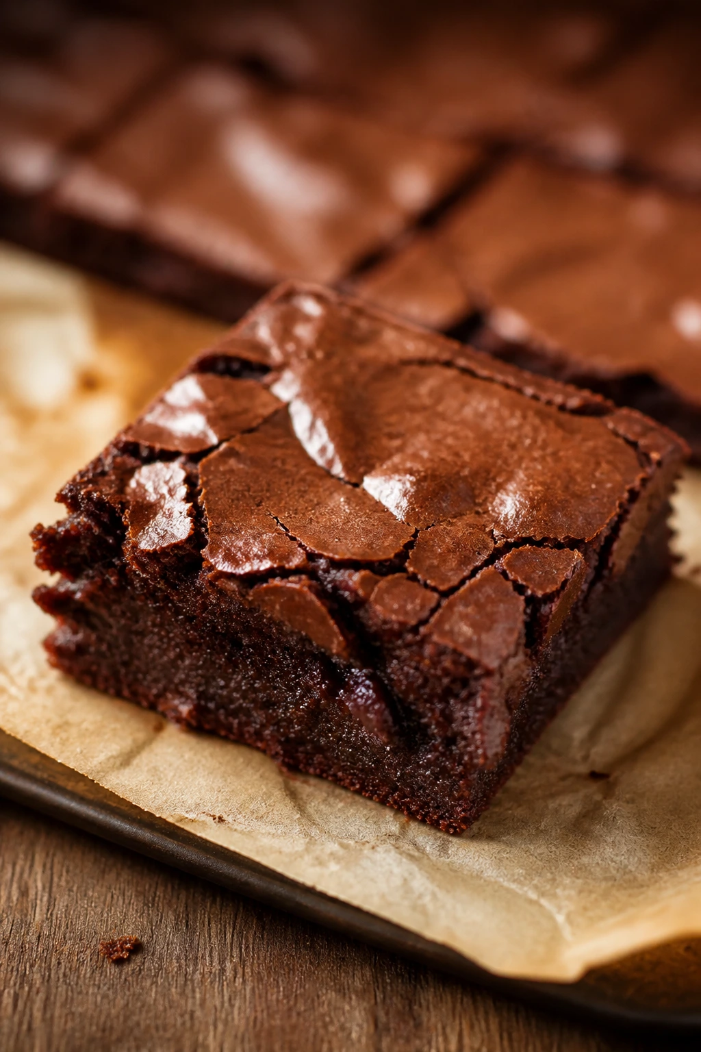 Close-up of a fudgy brownie square with a shiny top