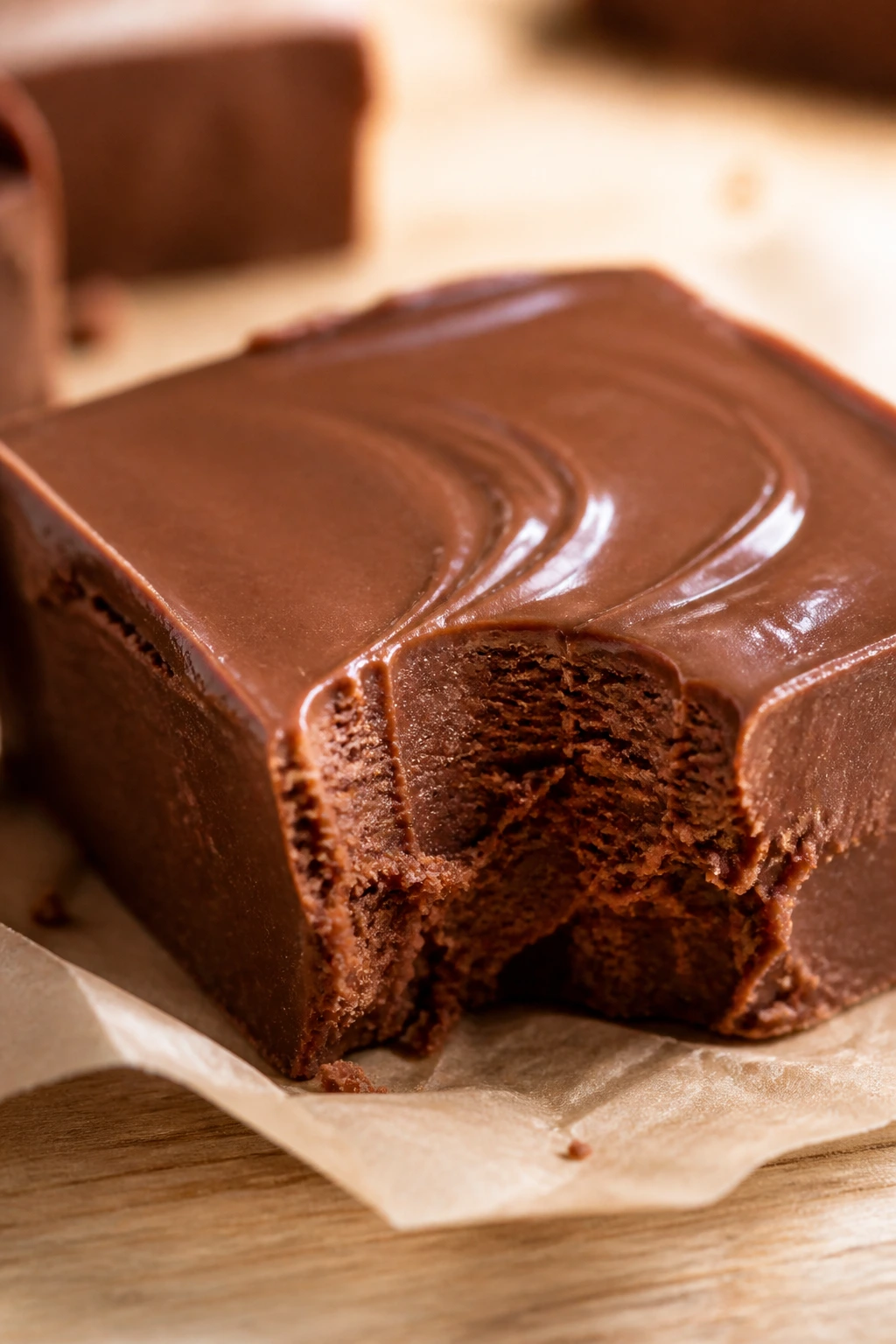 Glossy chocolate fudge square with a bite taken.