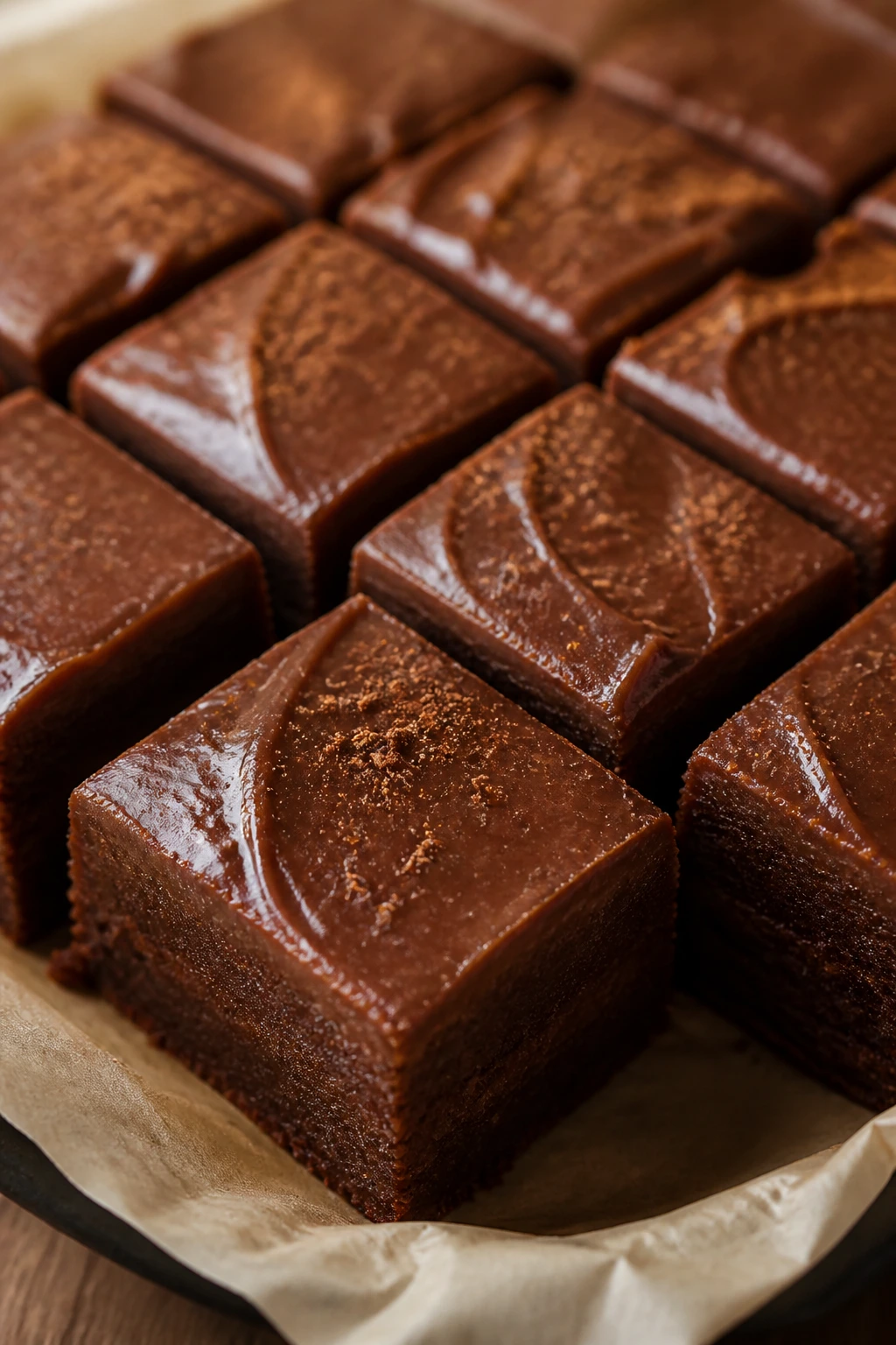 Close-up of spiced hot chocolate fudge squares with cinnamon