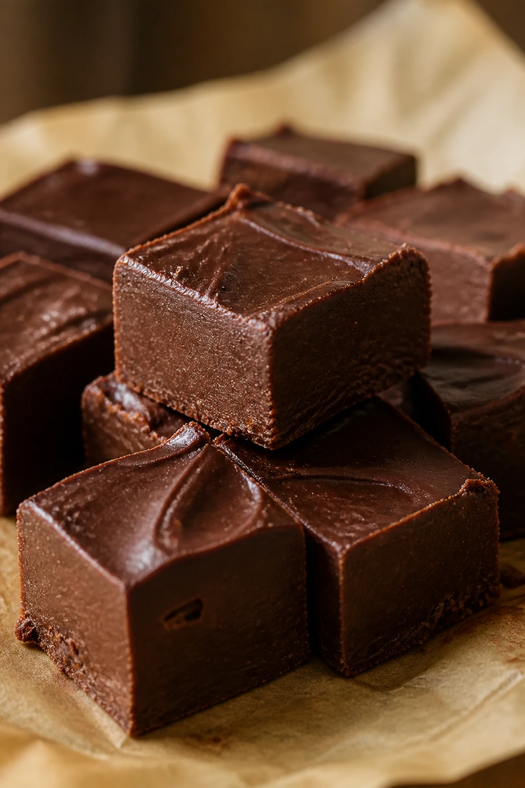 Glossy fudge squares on parchment ready to slice
