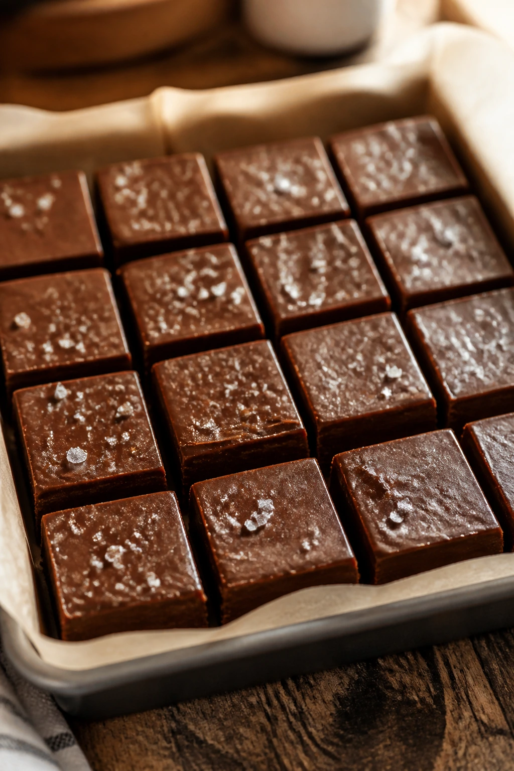 Close-up of fudgy chocolate squares with sea salt on parchment