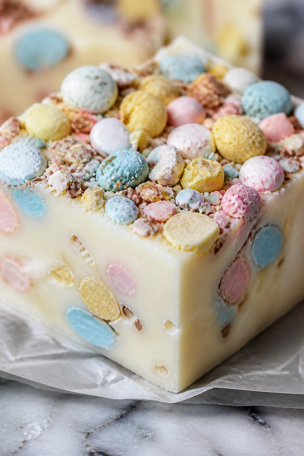 Fudge square with crushed robin eggs on a parchment surface