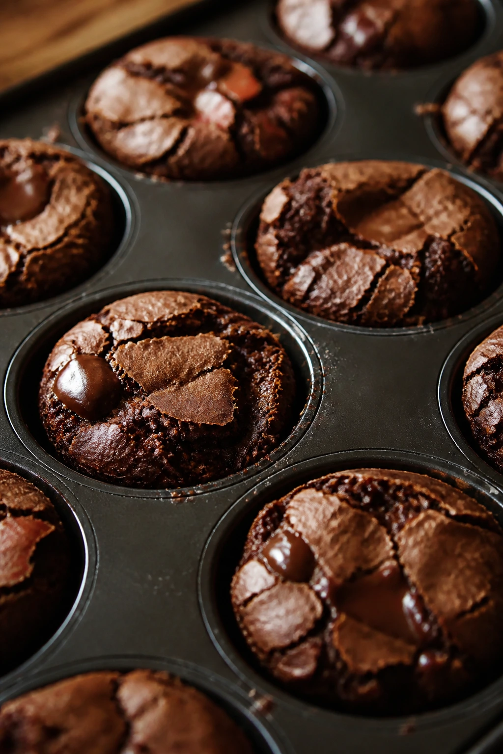 Close-up of fudgy brownie bites in a muffin tin