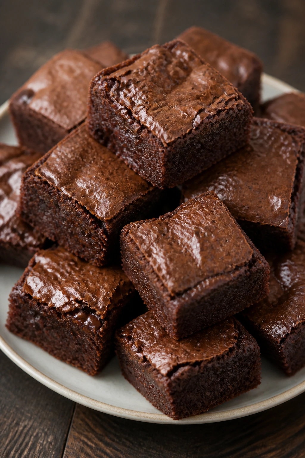 Close-up of fudgy brownie bites on a plate against a wooden backdrop