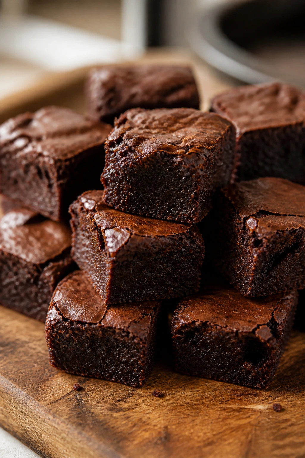 Close-up of fudgy brownie bites on a wooden board