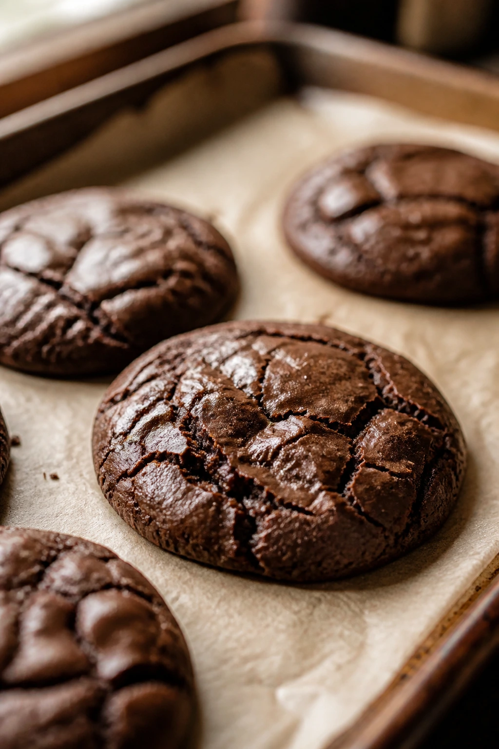 Close-up of Fudgy Brownie Cookie with crackled top on parchment