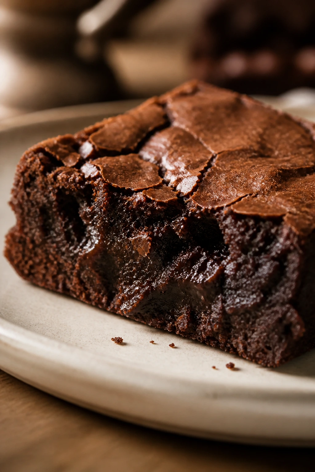 Dense fudgy brownie square with a crackly top and moist center