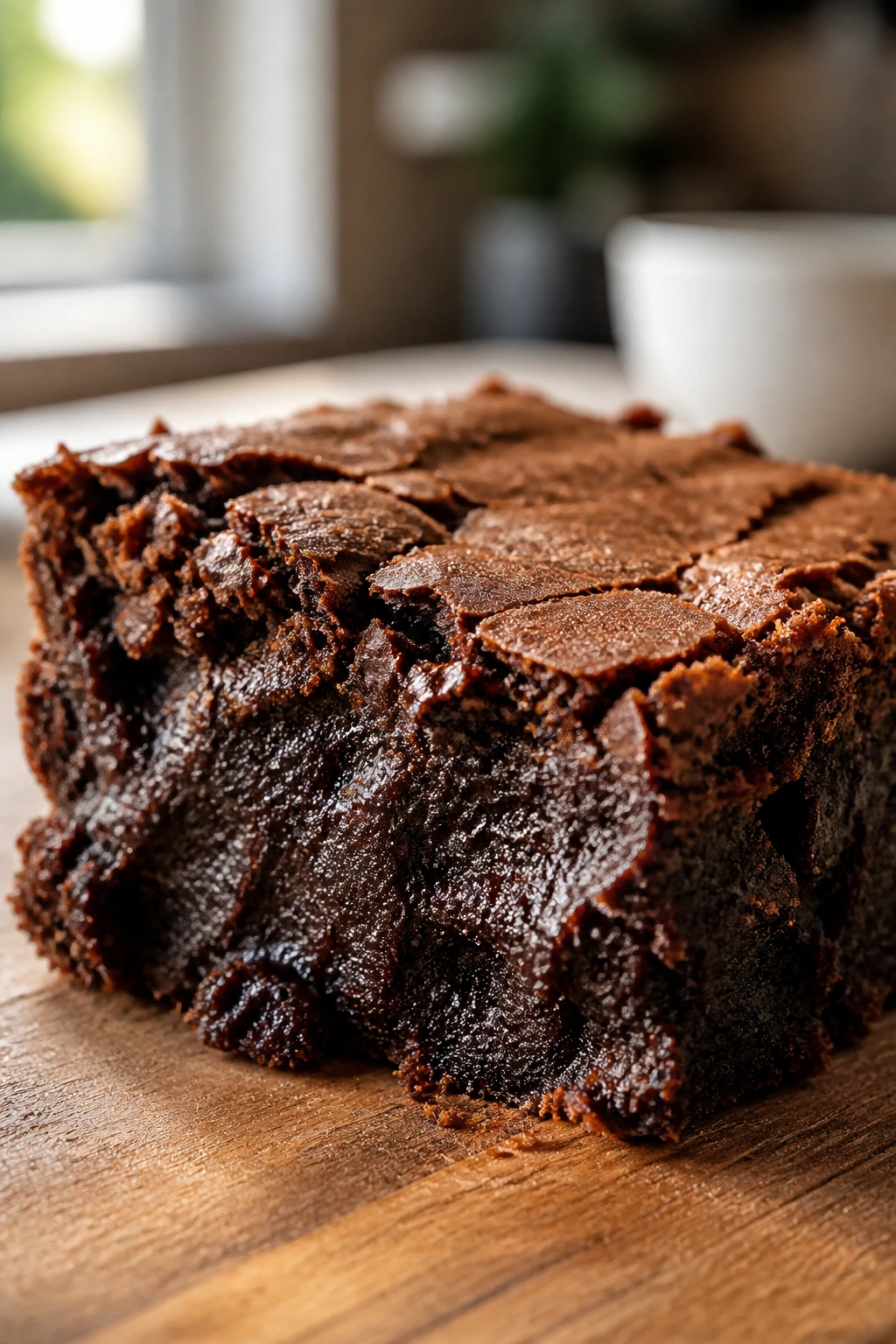 Close-up of a fudgy brownie slice with a moist interior
