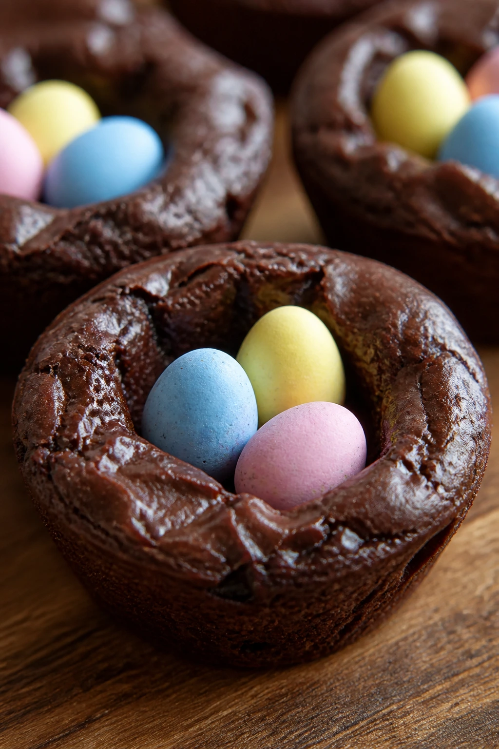 Close-up of fudgy brownie nest in a mini muffin cup with candy eggs
