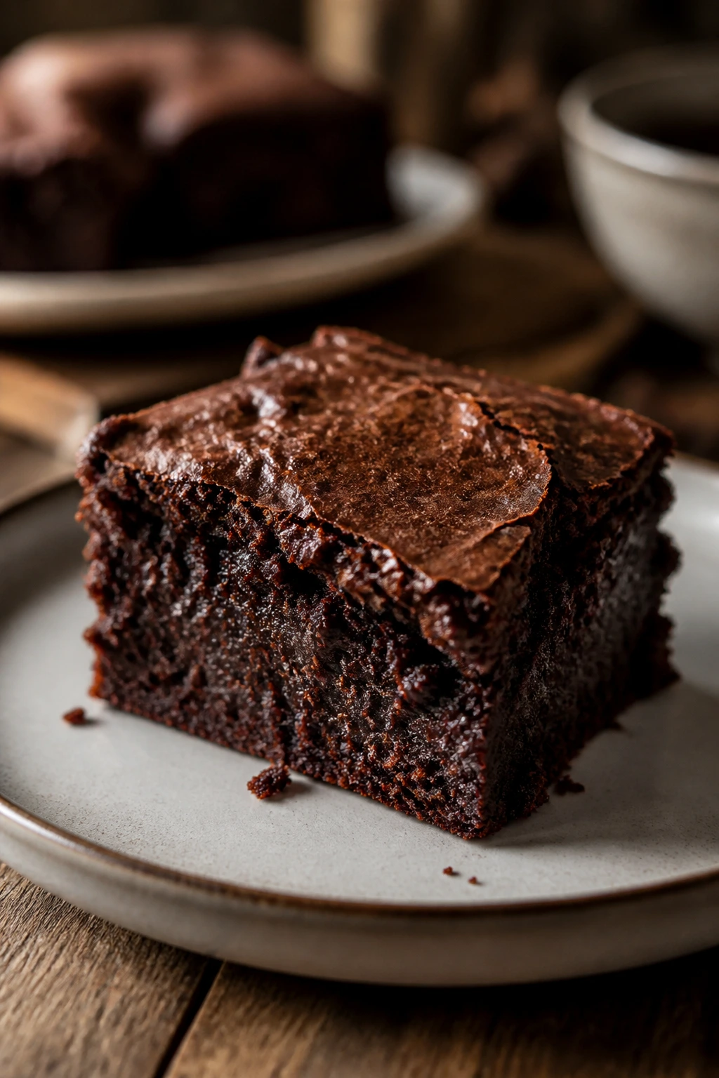 Dense fudgy brownie square with glossy top on a plate