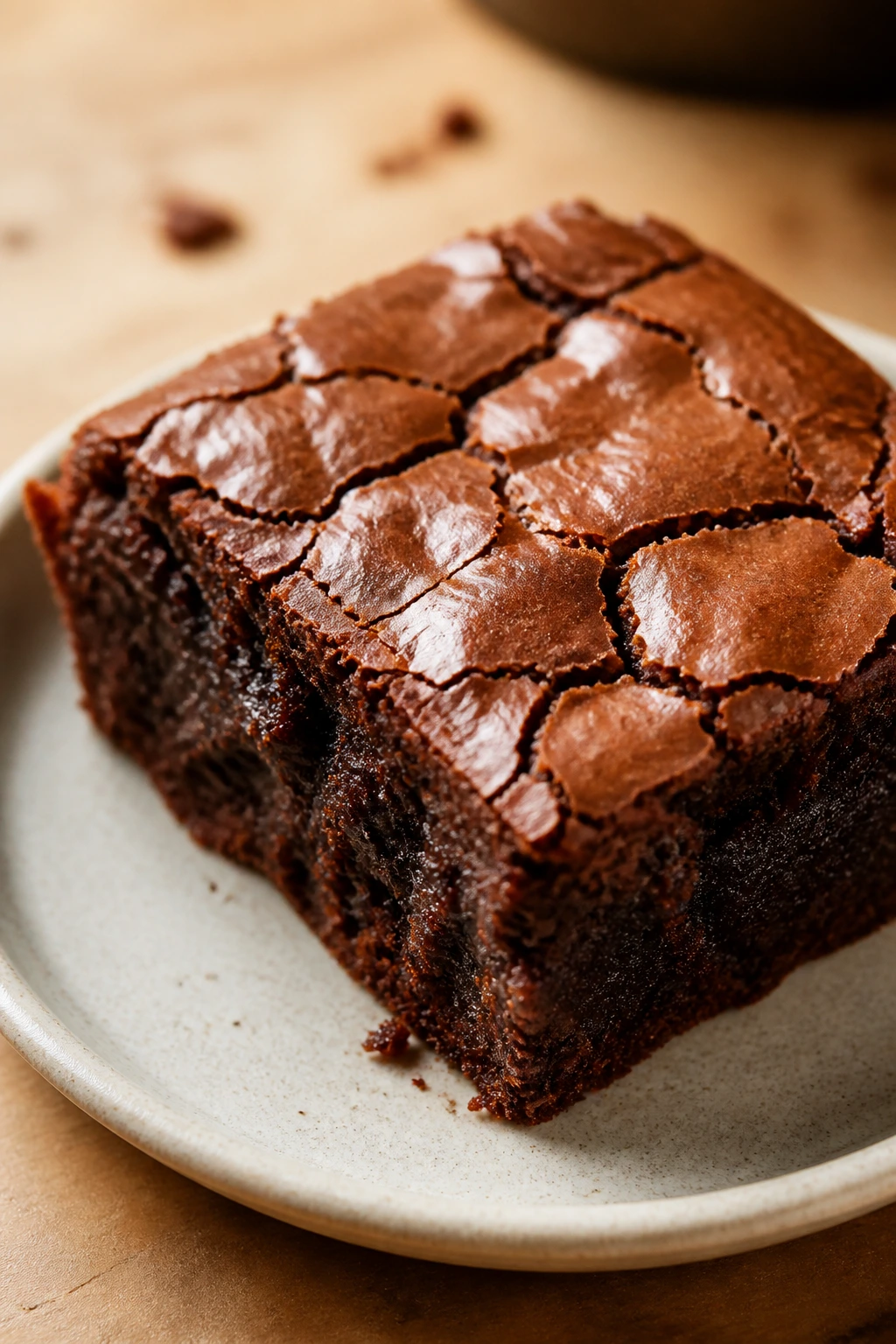 Fudgy brownie square with crackled top on plate