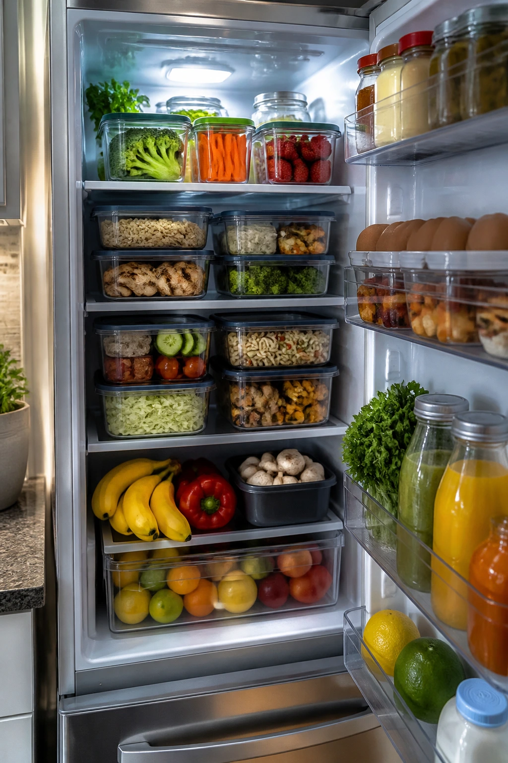 Fully stocked organized fridge with meal-prep containers