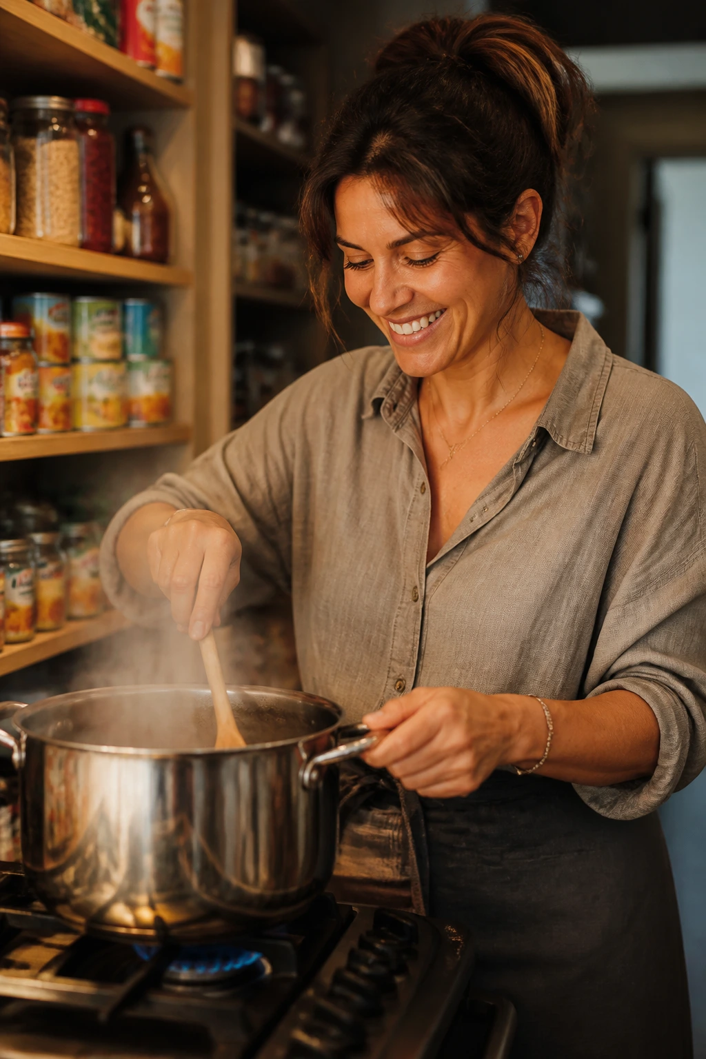 Smiling cook at stove with pantry shelves in the background