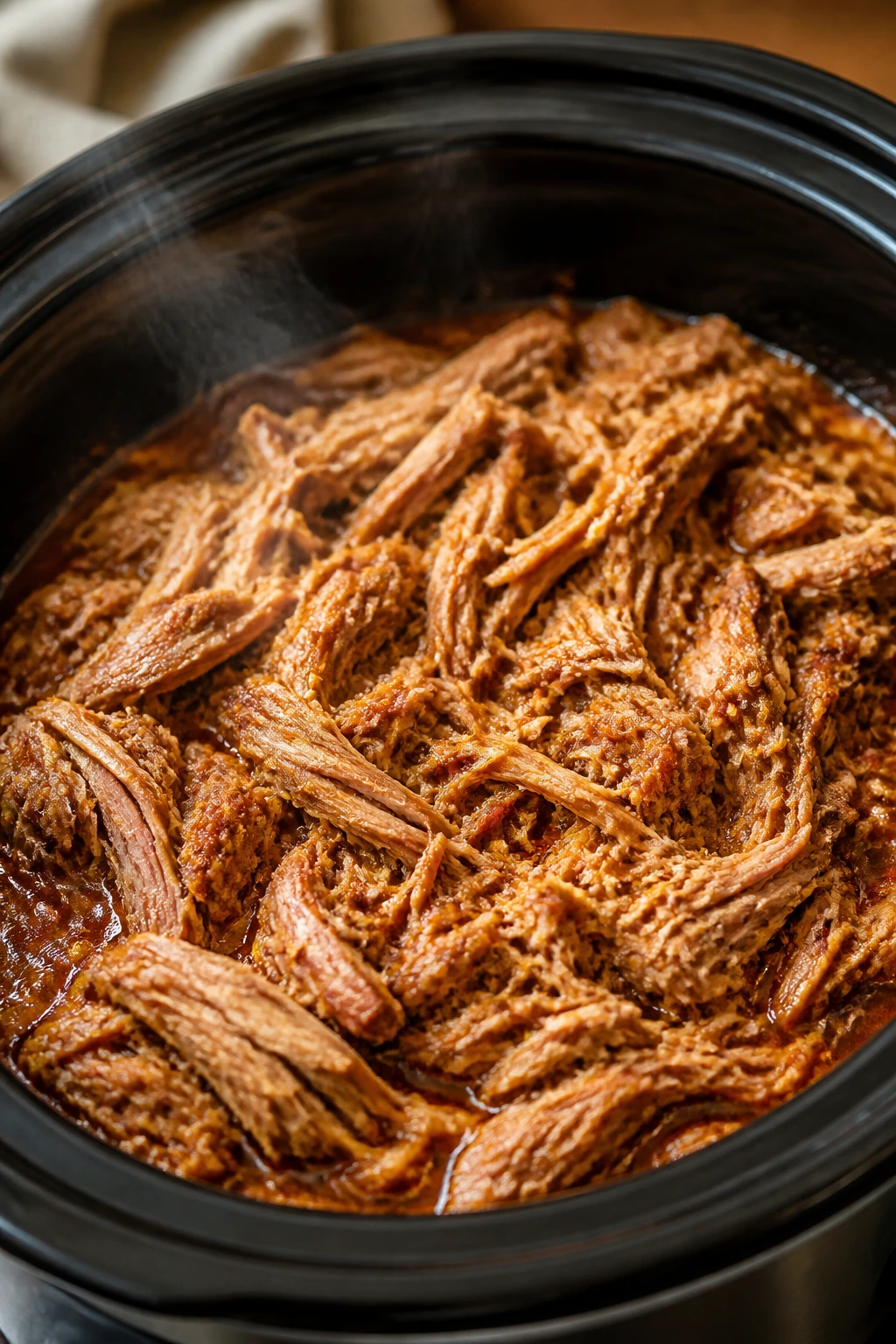 Interior of slow cooker filled with shredded pork