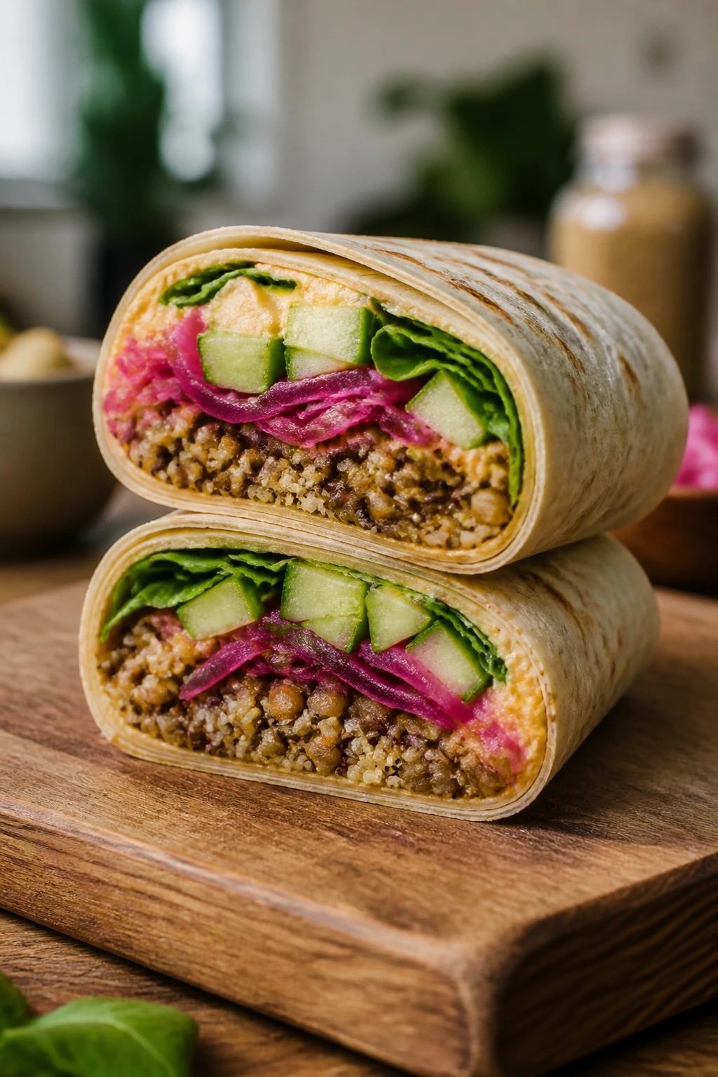 Close-up of a full, hearty wrap cut in half showing dense filling